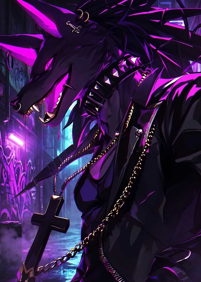 Cyberpunk Anthro Wolf in Neon Alley