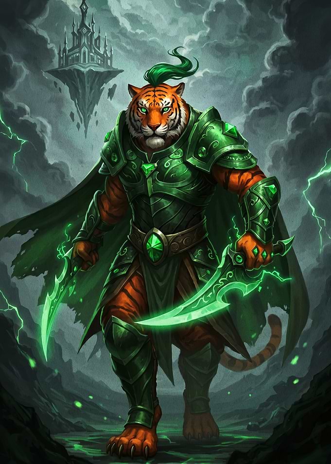 Armored Tiger Warrior with Glowing Blades