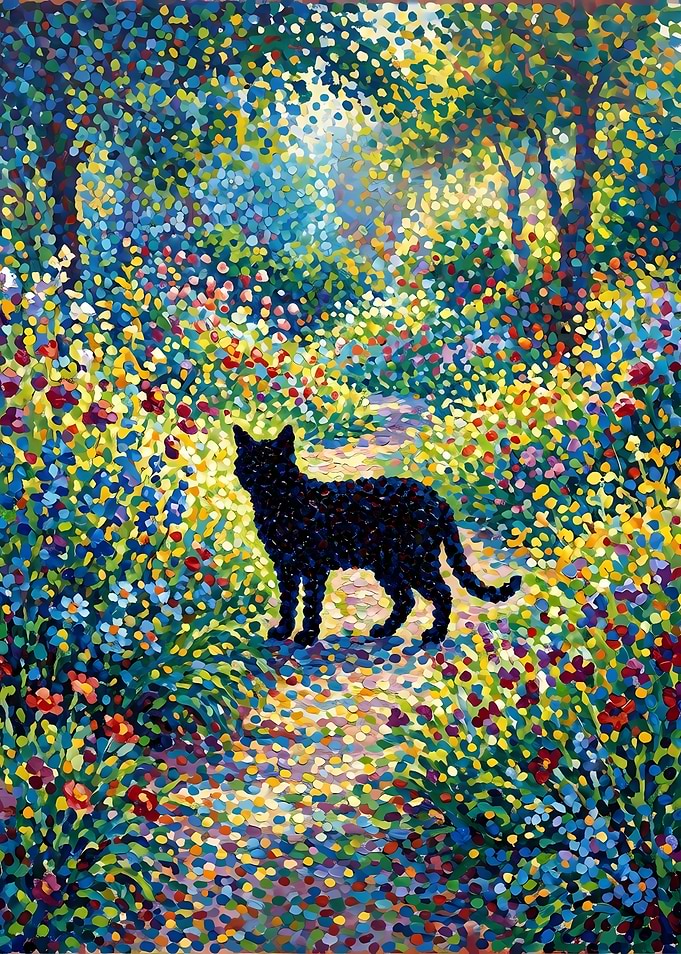 Black Cat in Impressionist Garden