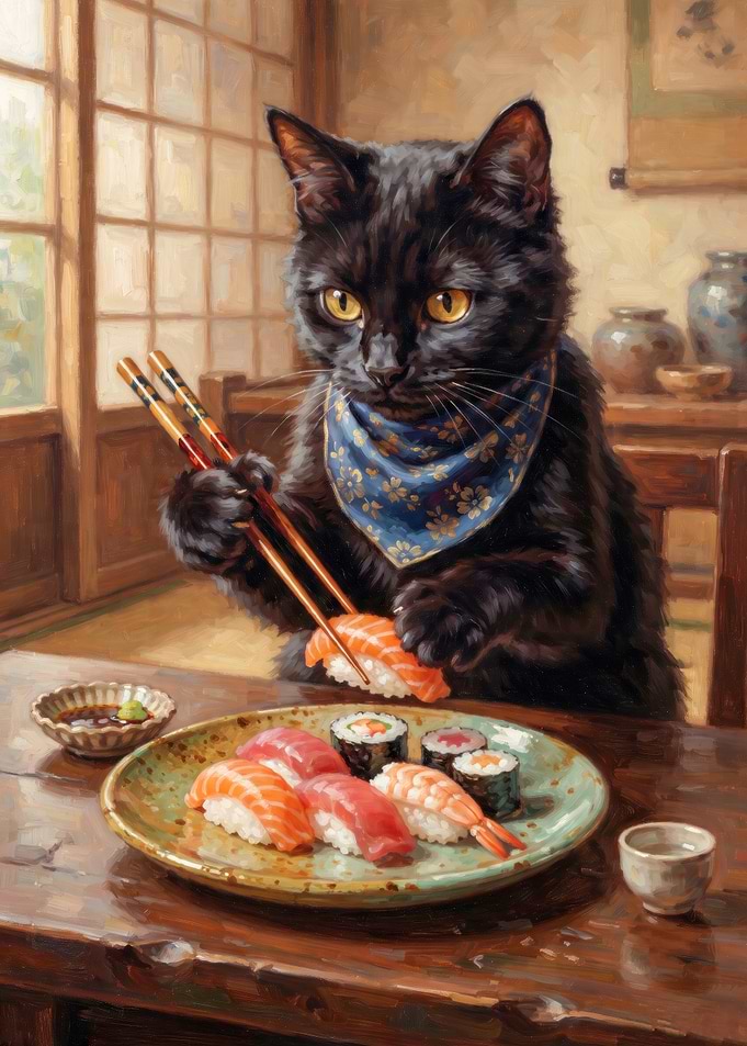 Black Cat Eating Sushi with Chopsticks