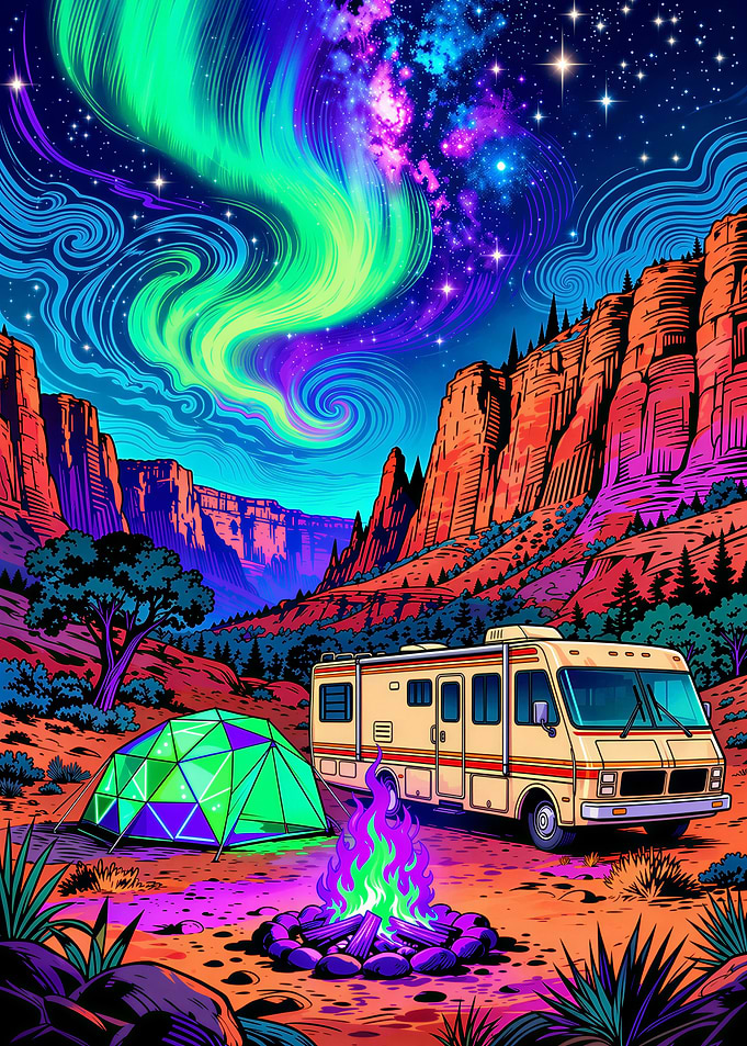 Psychedelic Desert Camping Under Aurora