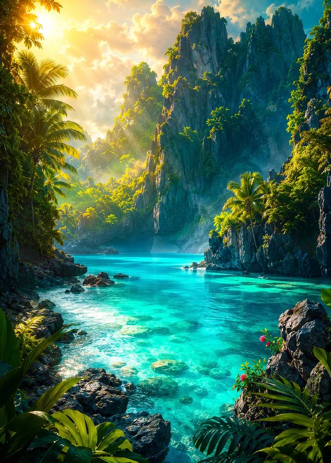 Tropical Lagoon with Limestone Cliffs