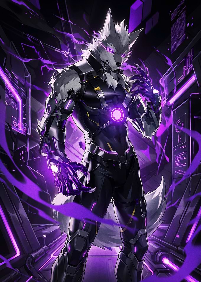 Cybernetic Wolf Warrior in Purple Neon