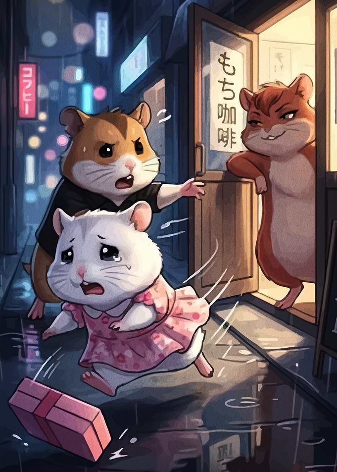 Hamster Drama in Rainy City Alley