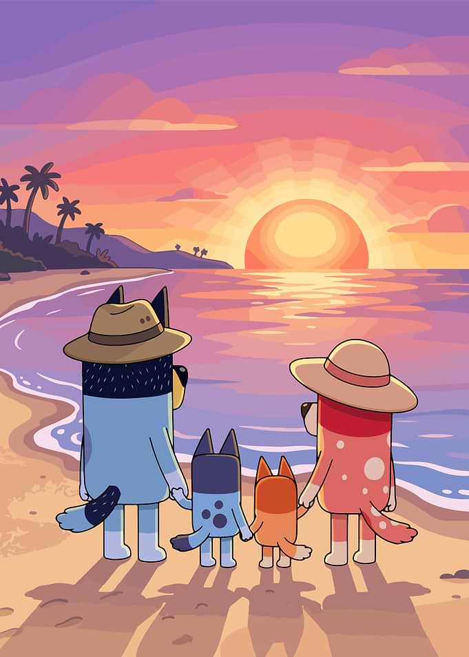 Bluey Family Sunset Beach Scene