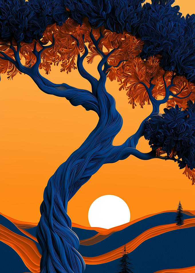 Stylized Blue Tree at Sunset