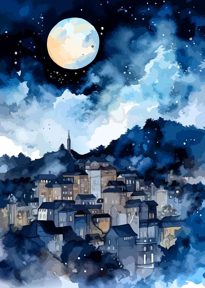 Whimsical Nighttime Village Under Full Moon