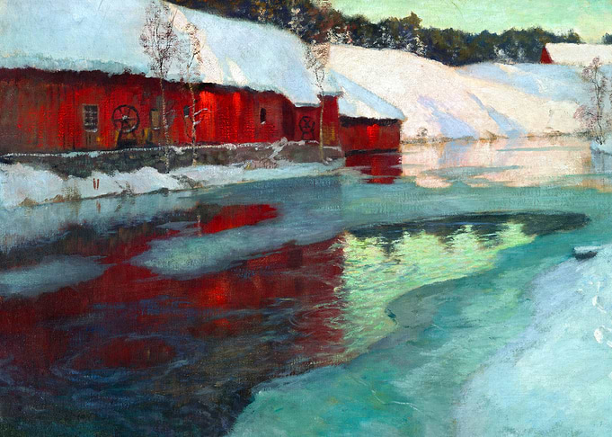 Freezing River Winter Landscape Painting