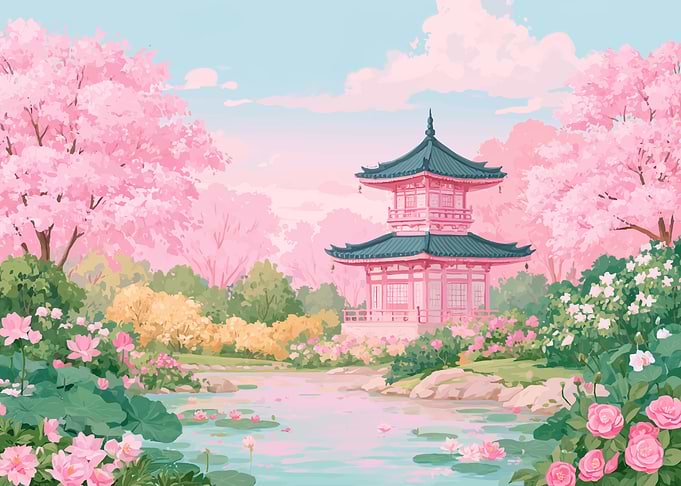 Pagoda in a Pink Cherry Blossom Garden