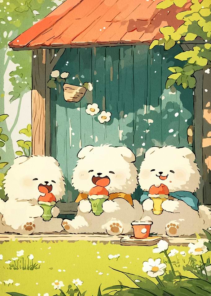 Three Fluffy Dogs Eating Ice Cream