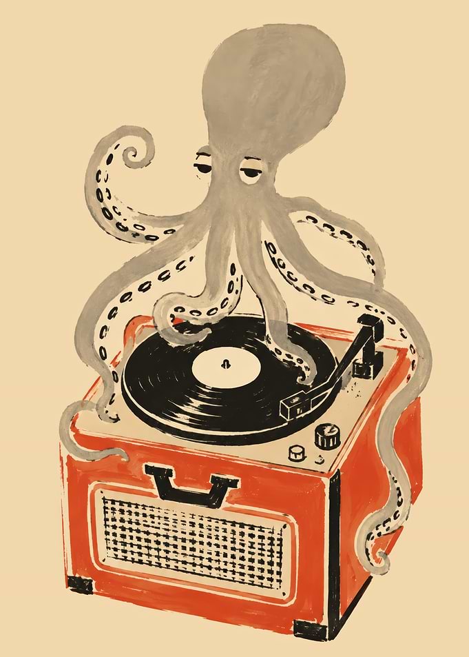 Octopus DJ Playing Vintage Record Player