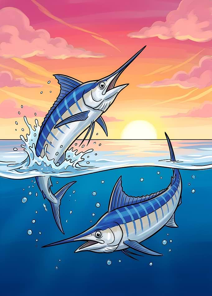 Two Marlin Fishes Jumping at Sunset