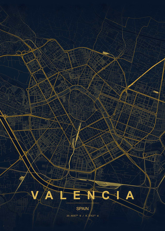 Valencia Spain Gold Map Print