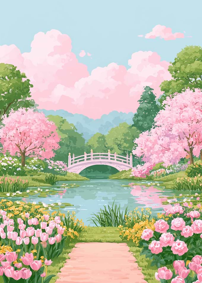 Serene Spring Garden with Pink Bridge