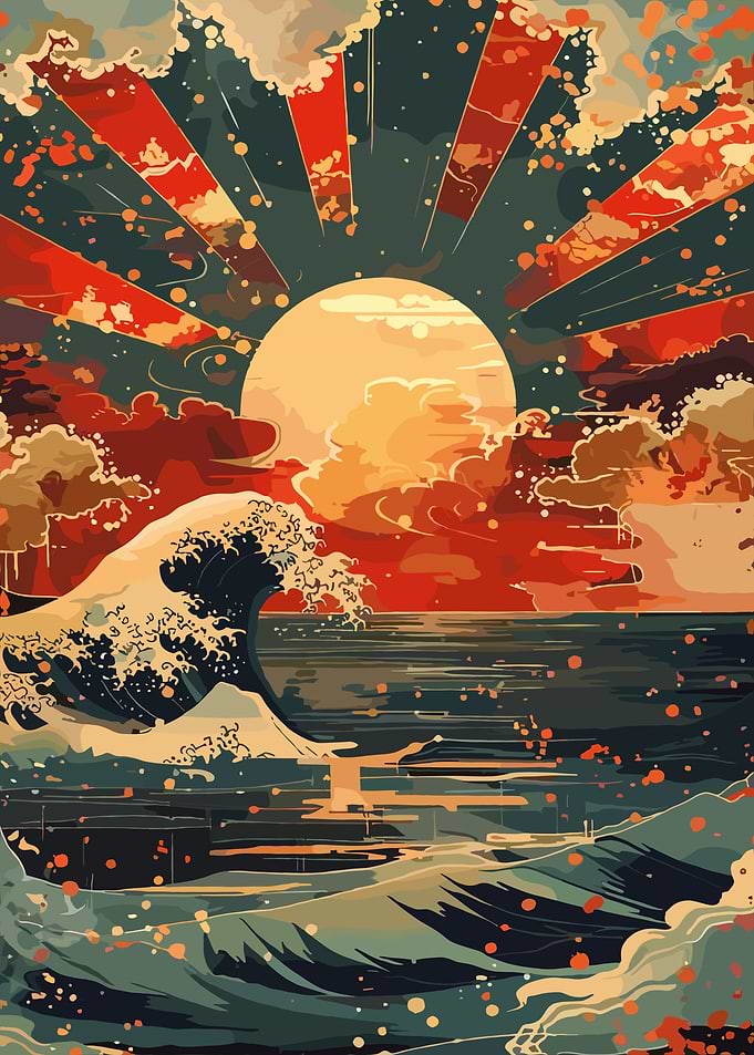 Japanese Wave and Rising Sun Art
