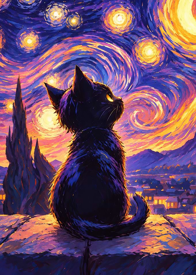 Black Cat Under Starry Night Sky