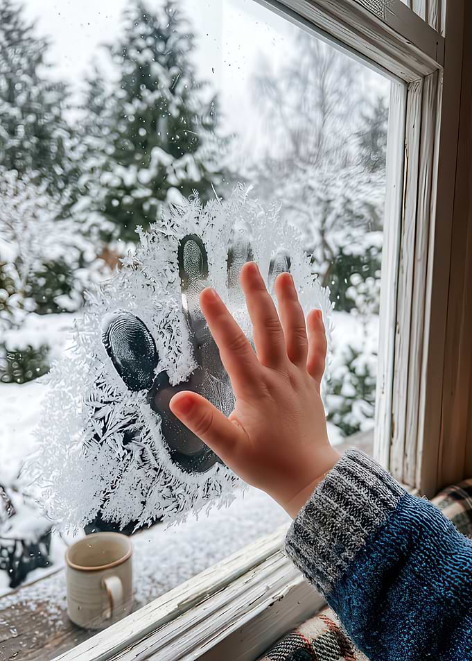 Child's Hand Against Frosty Window