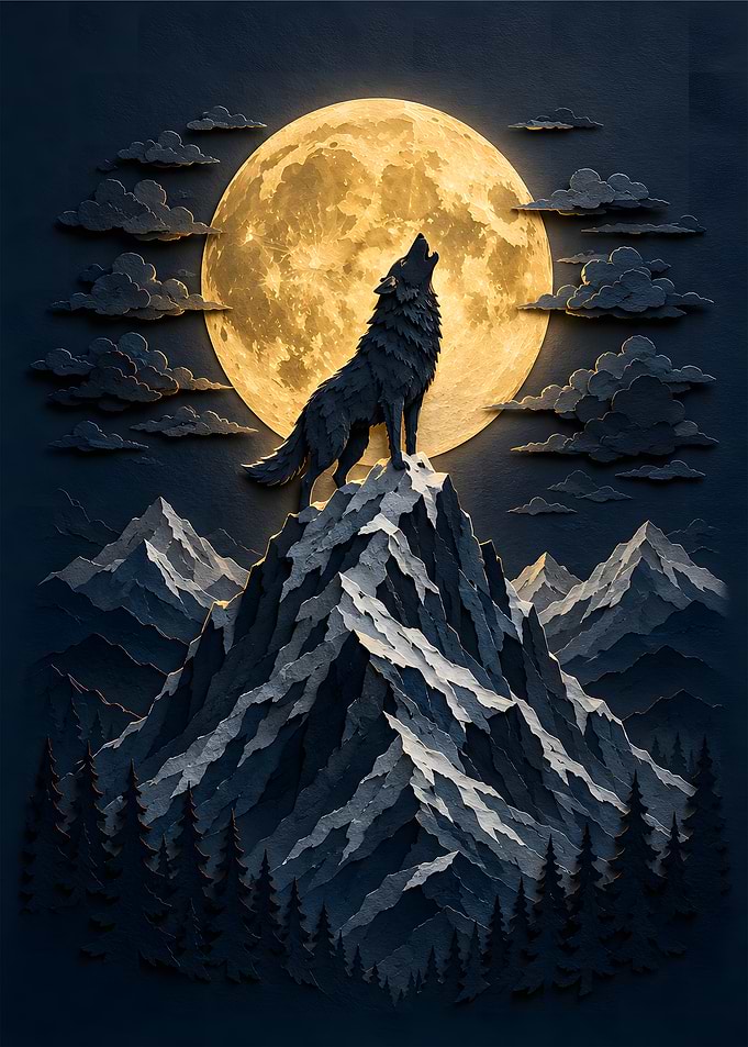 Lone Wolf Snowy Mountain Peak Papercraft