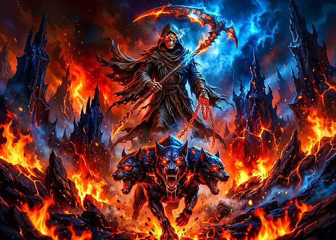 Grim Reaper with Cerberus in Hell
