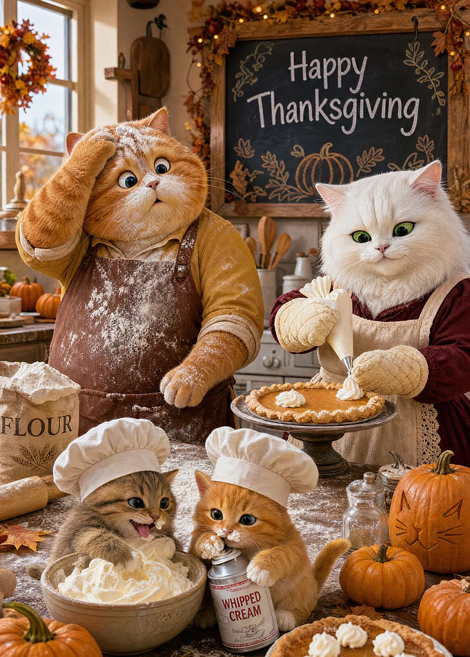 Cats Baking Thanksgiving Pumpkin Pies