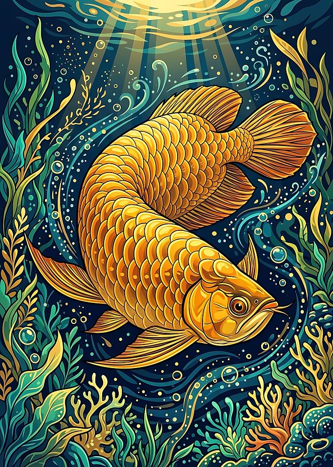Golden Arowana Fish Underwater Illustration