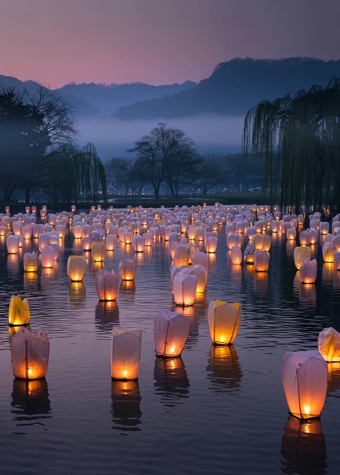 Floating Lanterns at Twilight – Dreamy Lake Fine Art