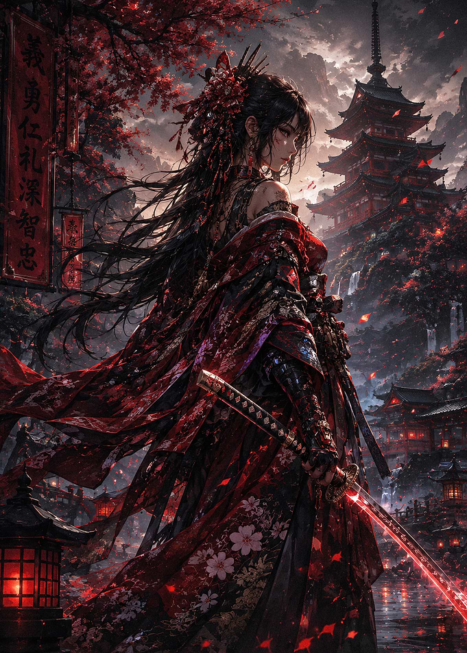 Warrior Princess in Red Kimono