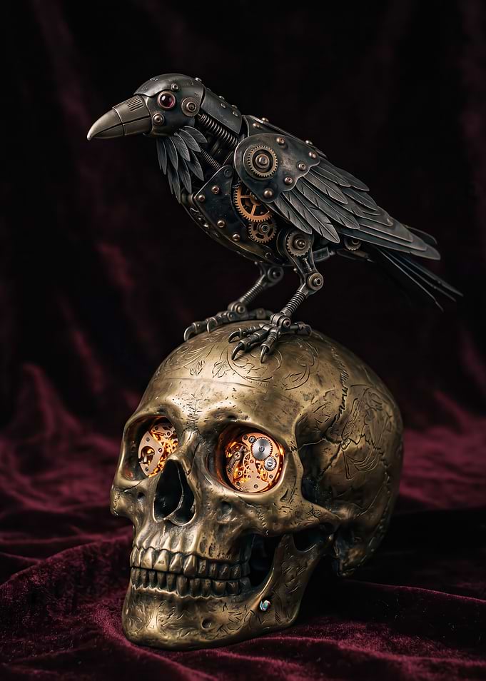 Steampunk Mechanical Raven on Skull