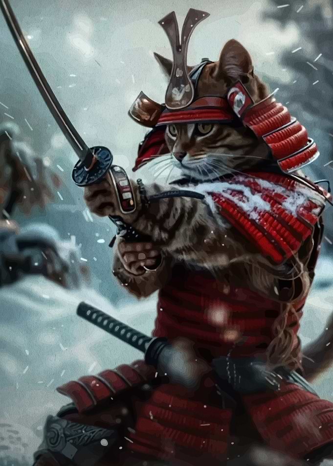 Samurai Cat Warrior in Snow