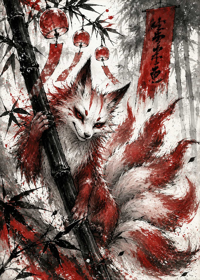 Nine-Tailed Kitsune Ink Wash Art