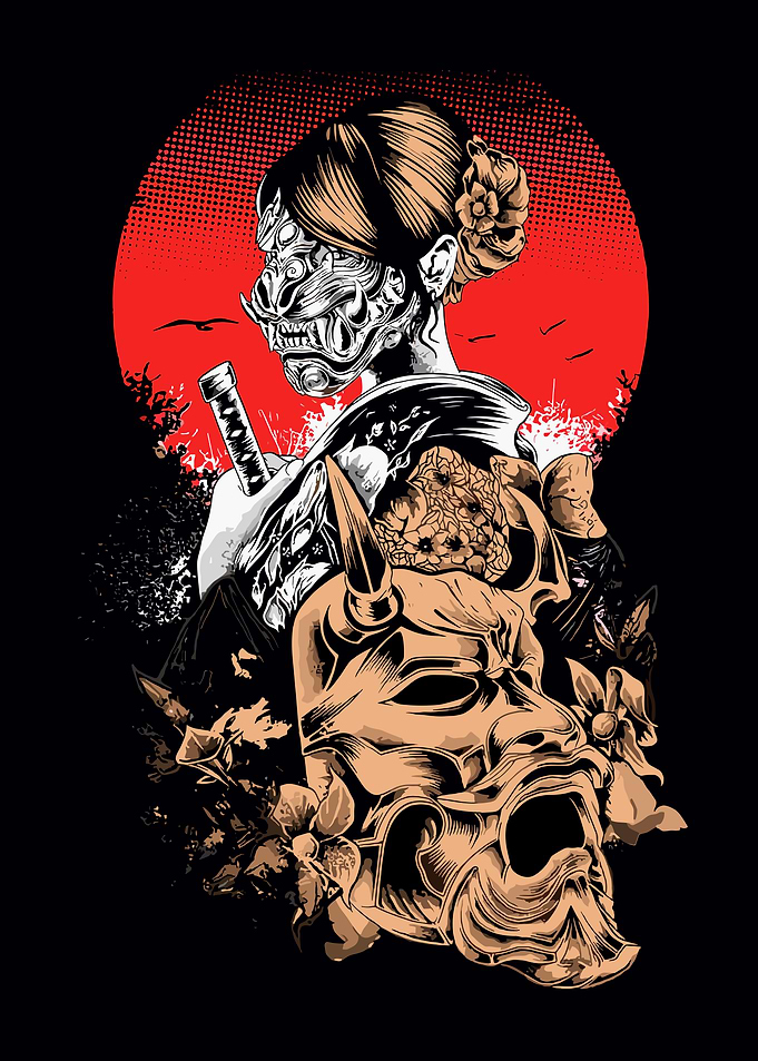 Samurai Woman with Oni Mask Illustration