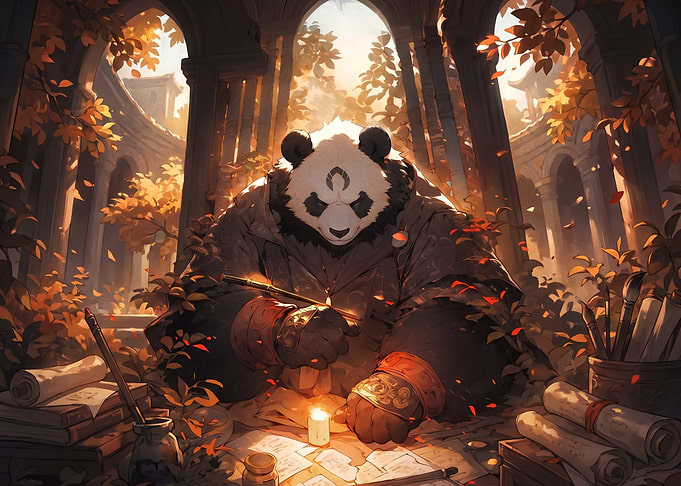 Wise Panda Scholar in Ancient Temple