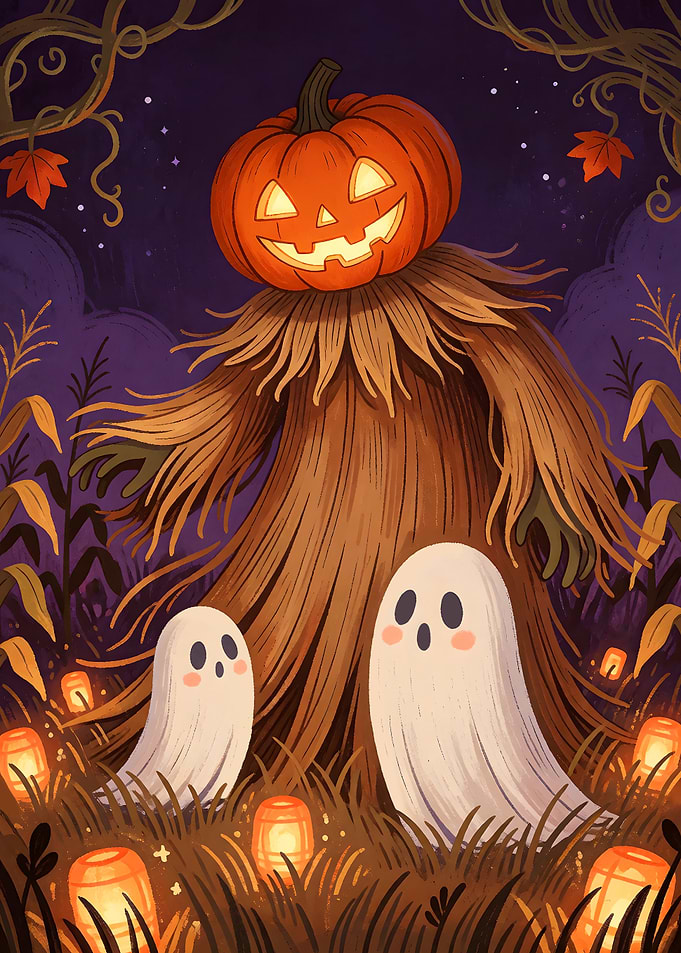 Pumpkin Monster and Ghosts Halloween Illustration