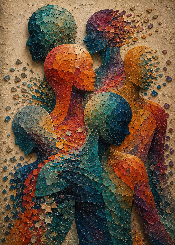 Mosaic Human Figures Dissolving into Fragments