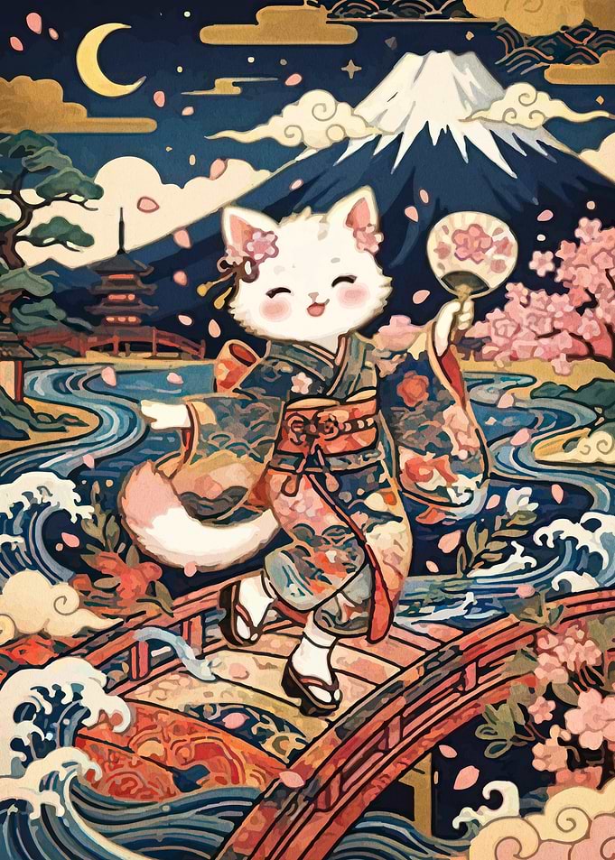 Cute Cat in Kimono by Fuji