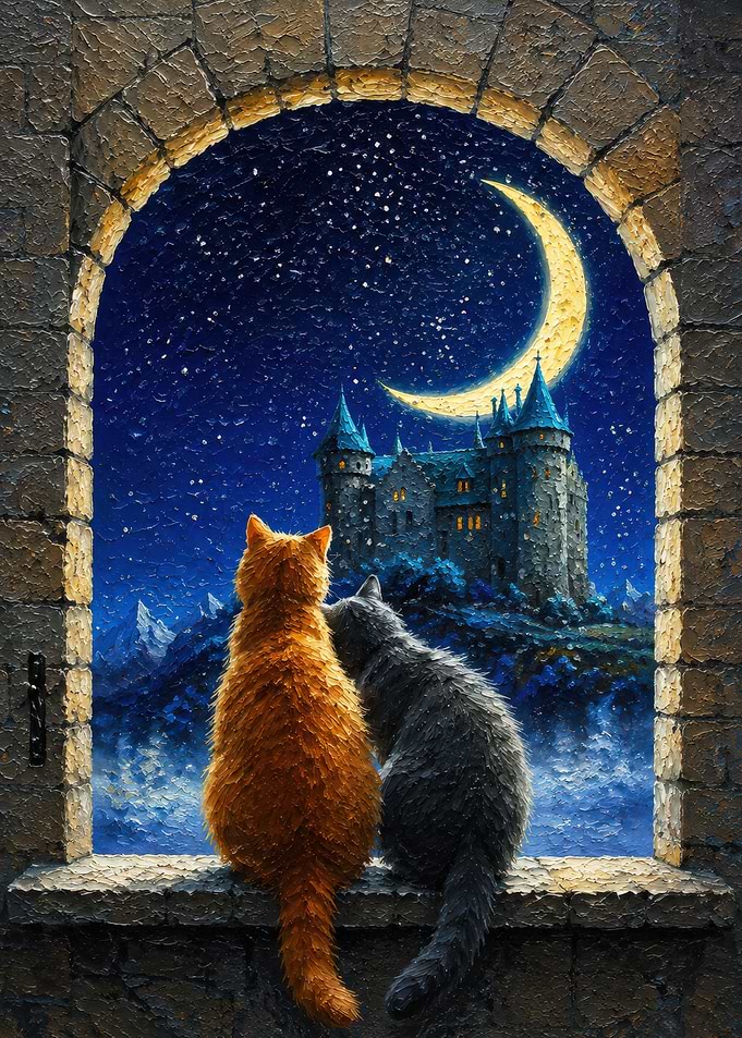 Two Cats Watching a Magical Castle