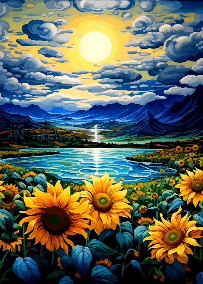 Vibrant Sunflower Field by Lake