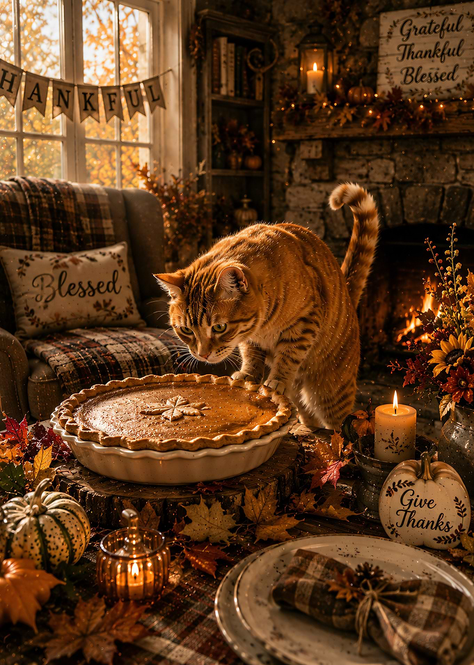 Ginger Cat Inspecting Thanksgiving Pie