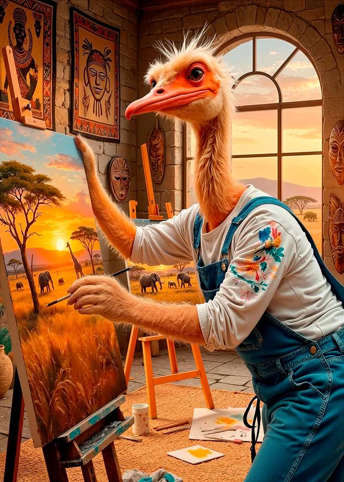 Ostrich Artist Painting African Sunset