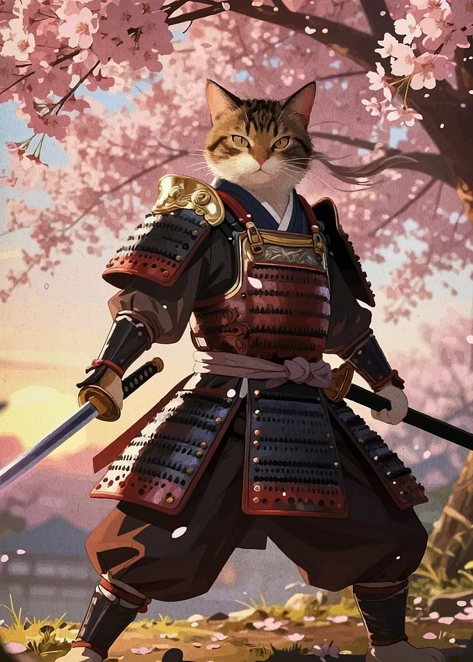 Samurai Cat Under Cherry Blossoms