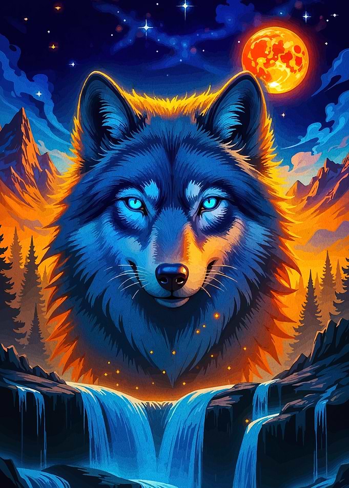 Glowing Wolf Portrait with Waterfall