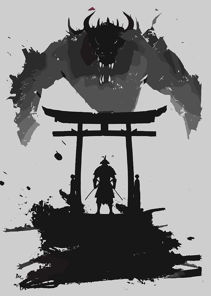 Samurai Facing a Demon Silhouette