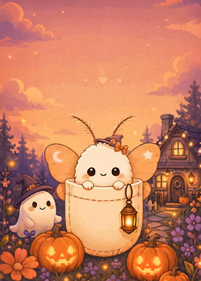 Cute Moth and Ghost Halloween Illustration