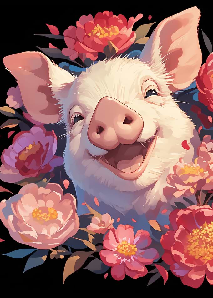 Happy Piglet Surrounded by Peonies