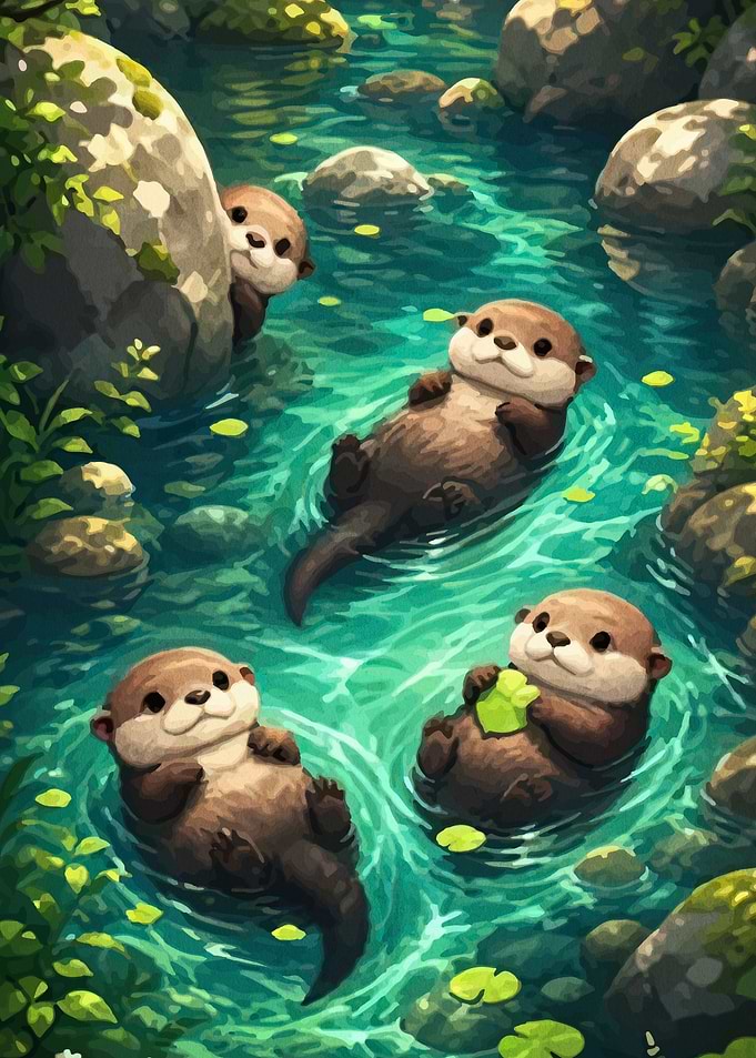 Cute Otters Swimming in Stream