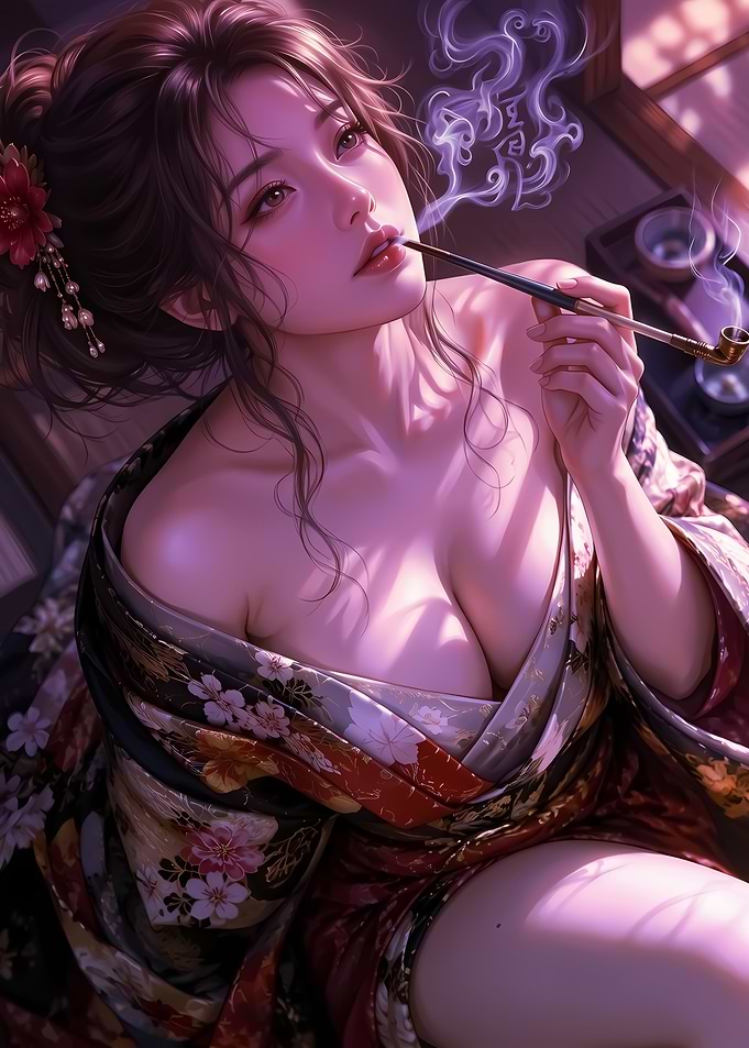 Elegant Woman Smoking Kiseru Pipe