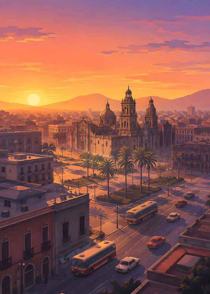 Sunset over a historic Mexican city