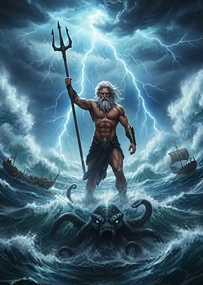 Poseidon Rising from Stormy Seas