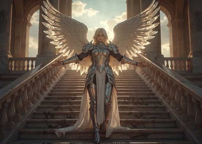 Armored Angel Descending Marble Stairs