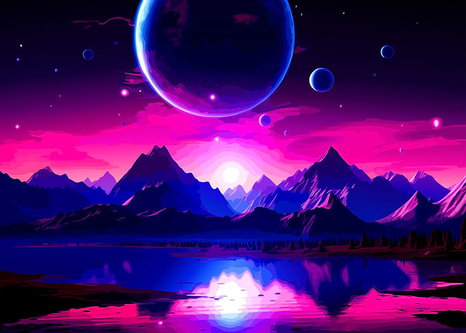 Vibrant Neon Space Mountain Landscape